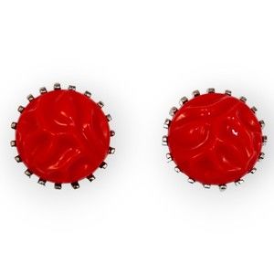 Vintage Judy Lee Clip On Earrings Silver-Tone Red Acrylic Round Brutalist Style